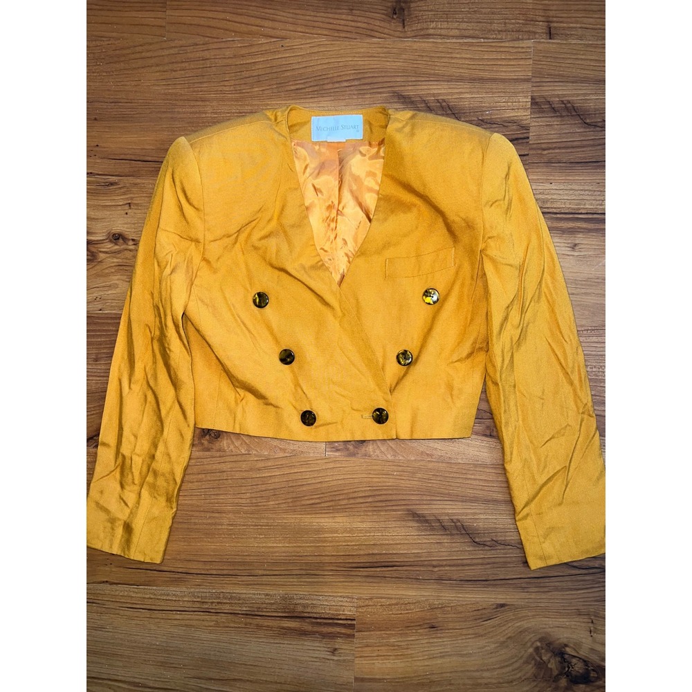 Michelle Stuart Vintage Mustard Yellow Cropped Blazer Shoulder Pads Size 6